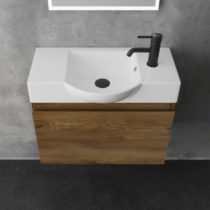 Alpenberger Waschplatz-Set 55 cm – Keramik Waschbecken mit Unterschrank | Lugano-550 + KORA-550 Eiche