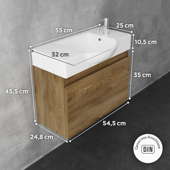 Alpenberger Waschplatz-Set 55 cm – Keramik Waschbecken mit Unterschrank | Lugano-550 + KORA-550 Eiche