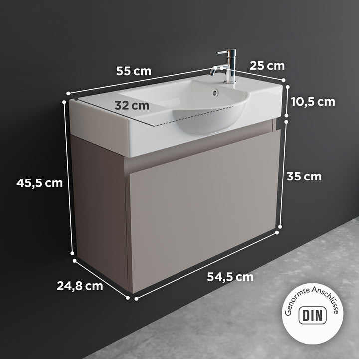 Alpenberger Waschplatz-Set 55 cm – Keramik Waschbecken mit Unterschrank | Lugano-550 + KORA-550 Light Coffee