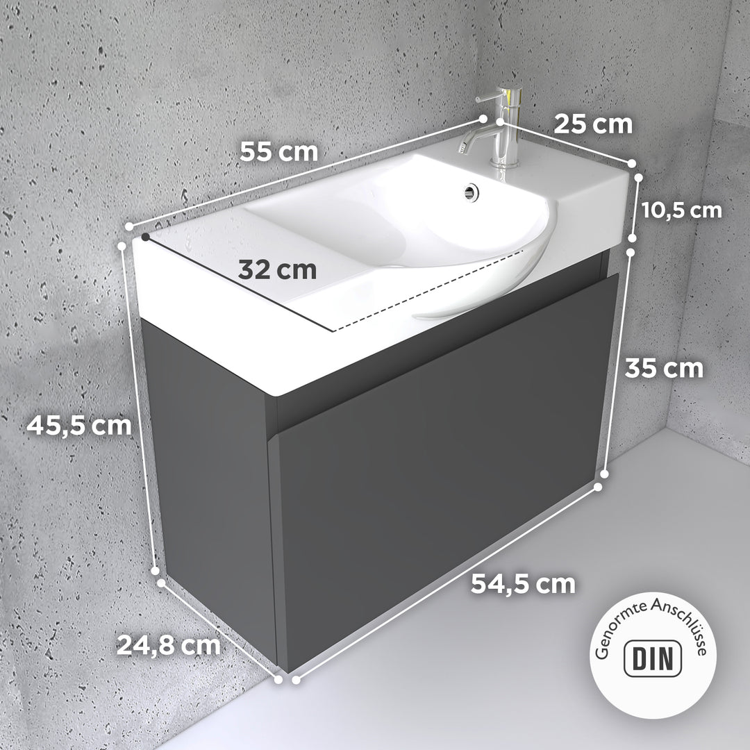 Alpenberger Waschplatz-Set 55 cm – Keramik Waschbecken mit Unterschrank | Lugano-550 + KORA-550 Anthrazit Matt