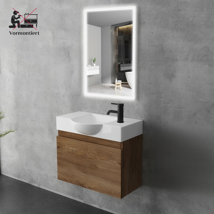 Alpenberger Waschplatz-Set 55 cm – Keramik Waschbecken mit Unterschrank | Lugano-550 + KORA-550 Eiche