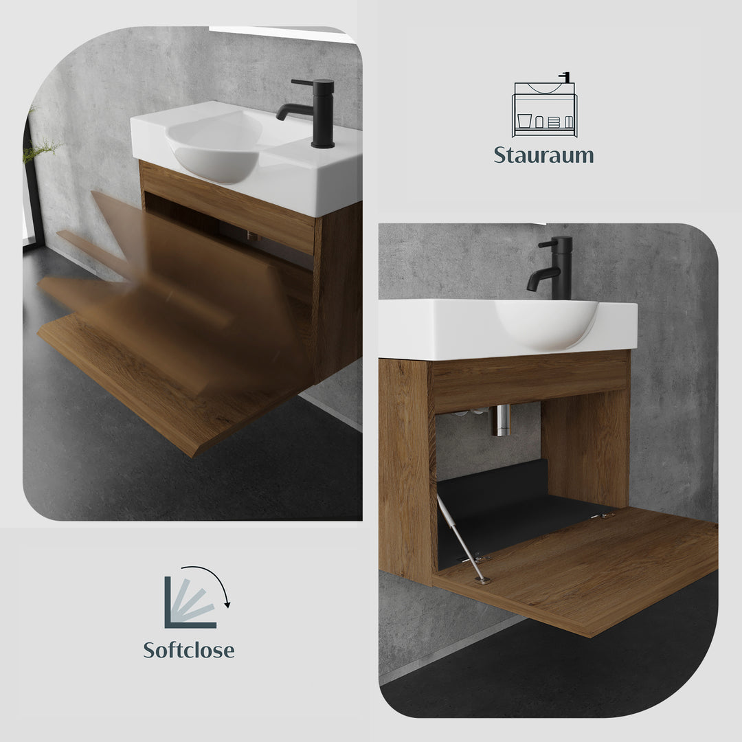 Alpenberger Waschplatz-Set 55 cm – Keramik Waschbecken mit Unterschrank | Lugano-550 + KORA-550 Eiche