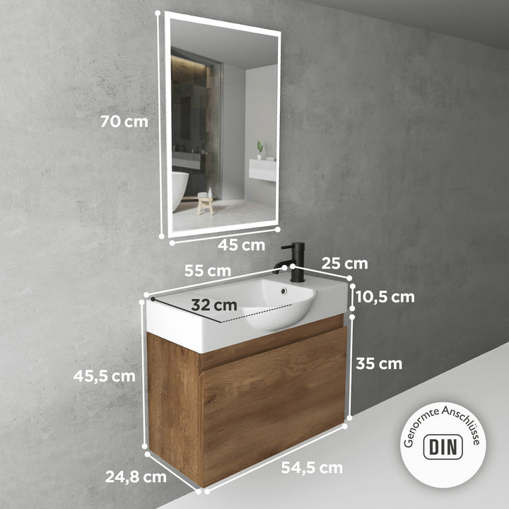 Alpenberger Keramik Waschbecken 55 cm Lugano + Unterschrank KORA 550 mit LED Spiegel – Badmöbel Set Softclose, Modern & Platzsparend