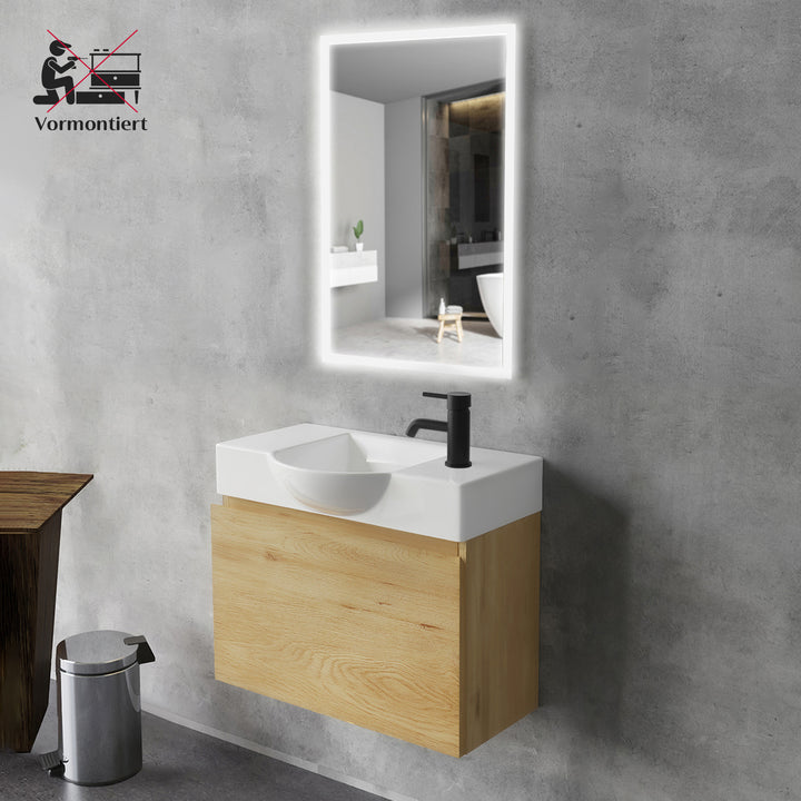 Alpenberger Keramik Waschbecken 55 cm Lugano + Unterschrank KORA 550 mit LED Spiegel – Badmöbel Set Softclose, Modern & Platzsparend