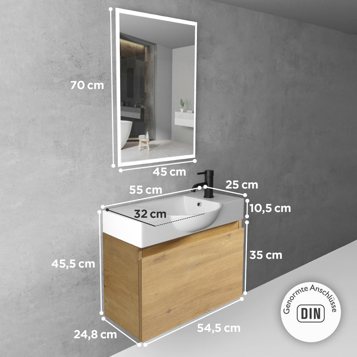 Alpenberger Keramik Waschbecken 55 cm Lugano + Unterschrank KORA 550 mit LED Spiegel – Badmöbel Set Softclose, Modern & Platzsparend