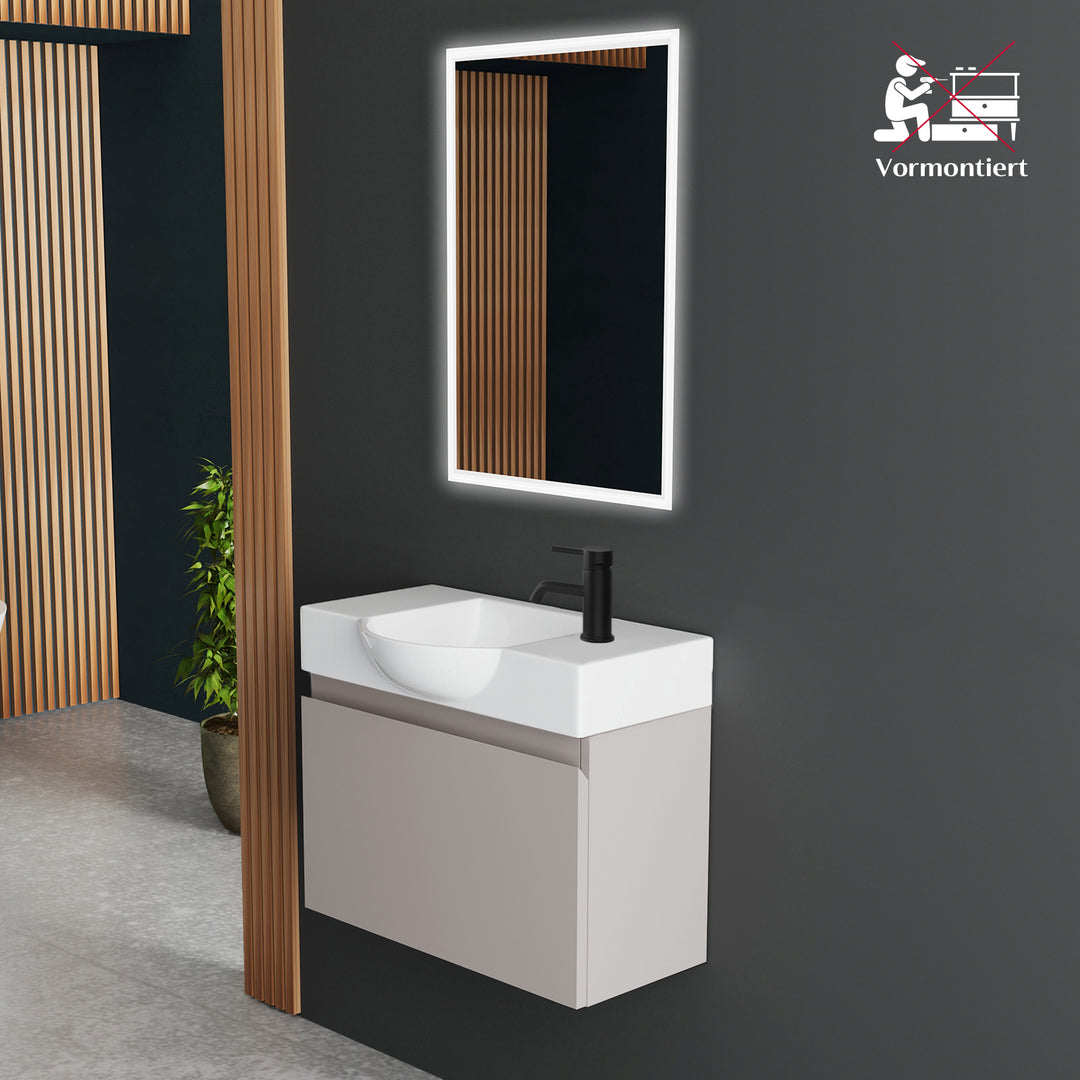 Alpenberger Waschplatz-Set 55 cm – Keramik Waschbecken mit Unterschrank | Lugano-550 + KORA-550 Light Coffee