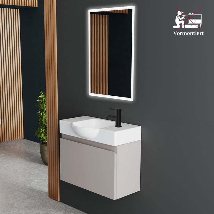 Alpenberger Waschplatz-Set 55 cm – Keramik Waschbecken mit Unterschrank | Lugano-550 + KORA-550 Light Coffee