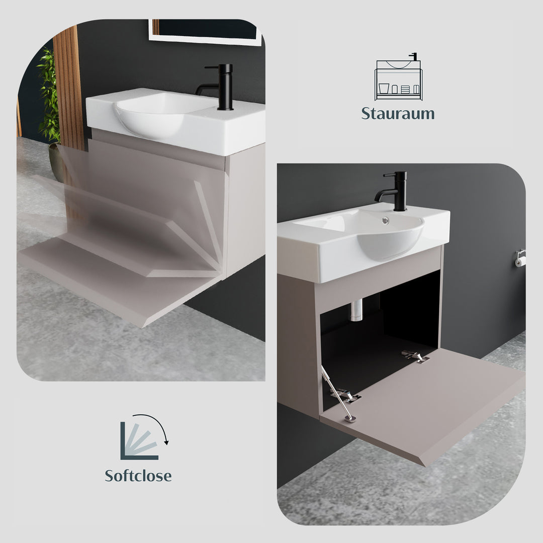 Alpenberger Waschplatz-Set 55 cm – Keramik Waschbecken mit Unterschrank | Lugano-550 + KORA-550 Light Coffee