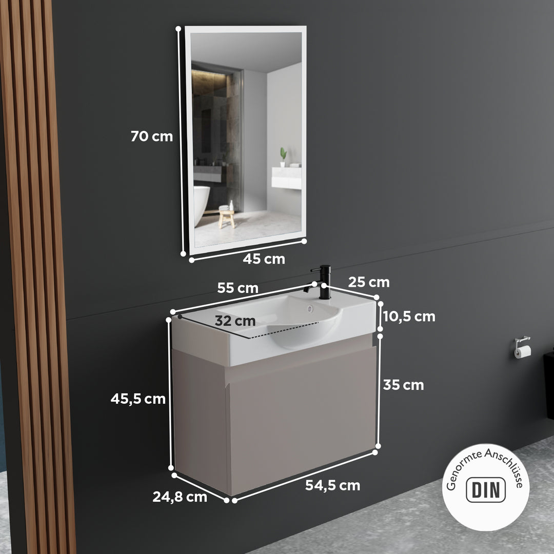 Alpenberger Keramik Waschbecken 55 cm Lugano + Unterschrank KORA 550 mit LED Spiegel – Badmöbel Set Softclose, Modern & Platzsparend