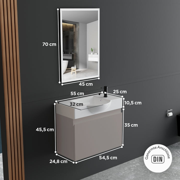 Alpenberger Keramik Waschbecken 55 cm Lugano + Unterschrank KORA 550 mit LED Spiegel – Badmöbel Set Softclose, Modern & Platzsparend