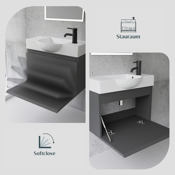 Alpenberger Waschplatz-Set 55 cm – Keramik Waschbecken mit Unterschrank | Lugano-550 + KORA-550 Anthrazit Matt