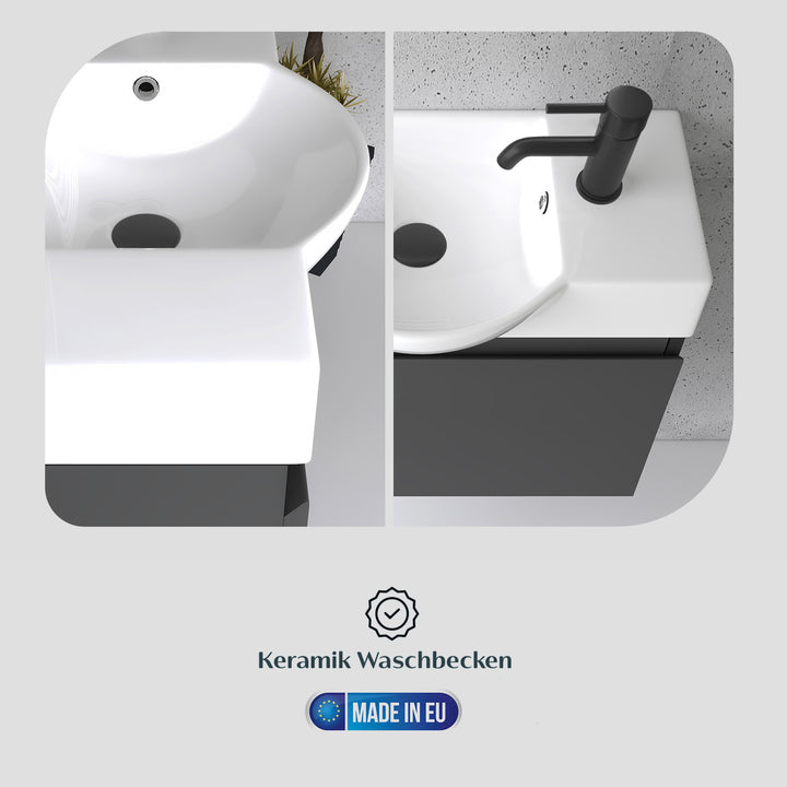Alpenberger Keramik Waschbecken 55 cm Lugano + Unterschrank KORA 550 mit LED Spiegel – Badmöbel Set Softclose, Modern & Platzsparend