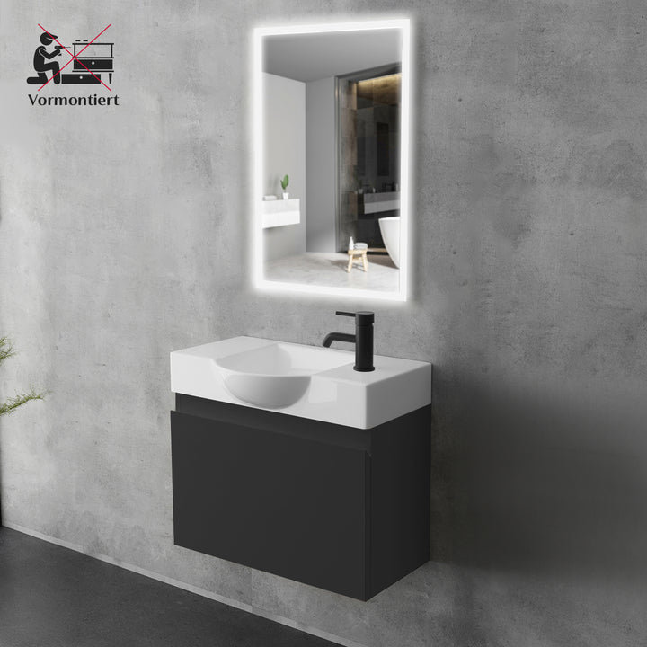 Alpenberger Keramik Waschbecken 55 cm Lugano + Unterschrank KORA 550 mit LED Spiegel – Badmöbel Set Softclose, Modern & Platzsparend