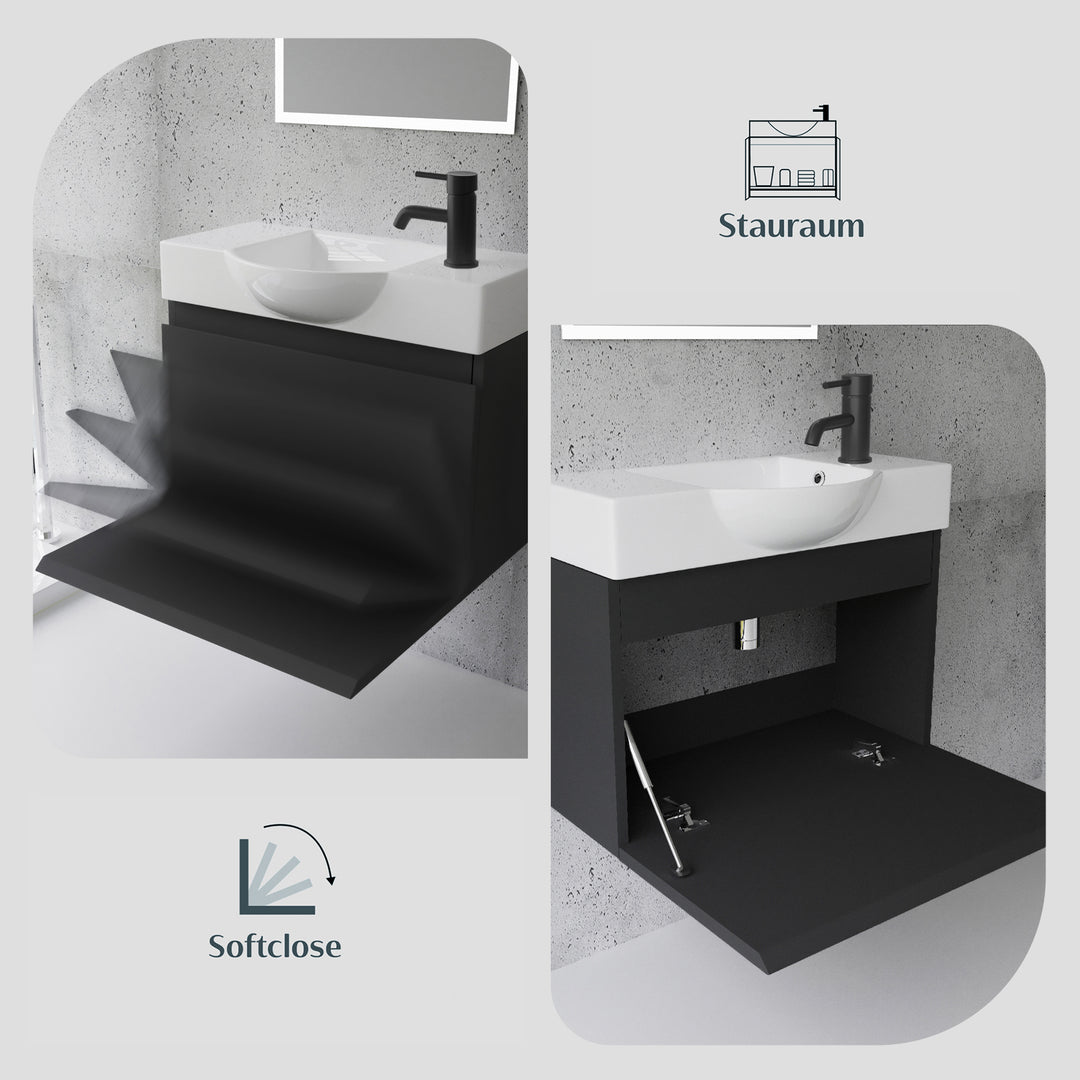 Alpenberger Keramik Waschbecken 55 cm Lugano + Unterschrank KORA 550 mit LED Spiegel – Badmöbel Set Softclose, Modern & Platzsparend