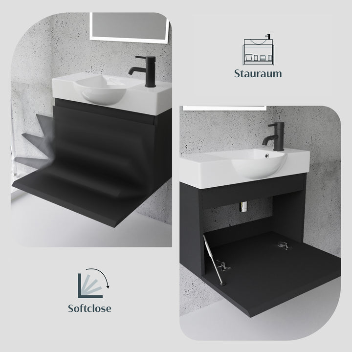Alpenberger Keramik Waschbecken 55 cm Lugano + Unterschrank KORA 550 mit LED Spiegel – Badmöbel Set Softclose, Modern & Platzsparend