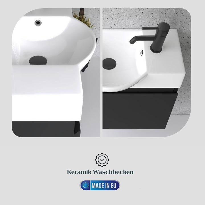 Alpenberger Keramik Waschbecken 55 cm Lugano + Unterschrank KORA 550 mit LED Spiegel – Badmöbel Set Softclose, Modern & Platzsparend