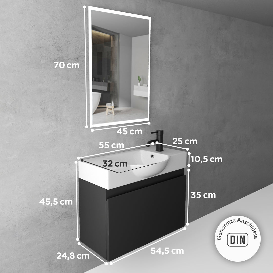 Alpenberger Keramik Waschbecken 55 cm Lugano + Unterschrank KORA 550 mit LED Spiegel – Badmöbel Set Softclose, Modern & Platzsparend
