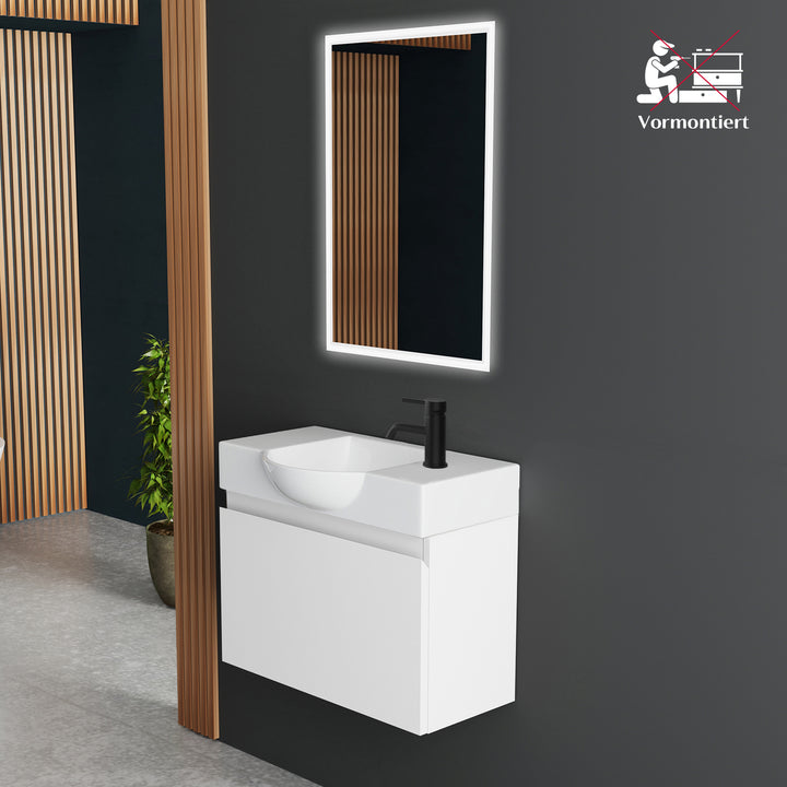 Alpenberger Keramik Waschbecken 55 cm Lugano + Unterschrank KORA 550 mit LED Spiegel – Badmöbel Set Softclose, Modern & Platzsparend