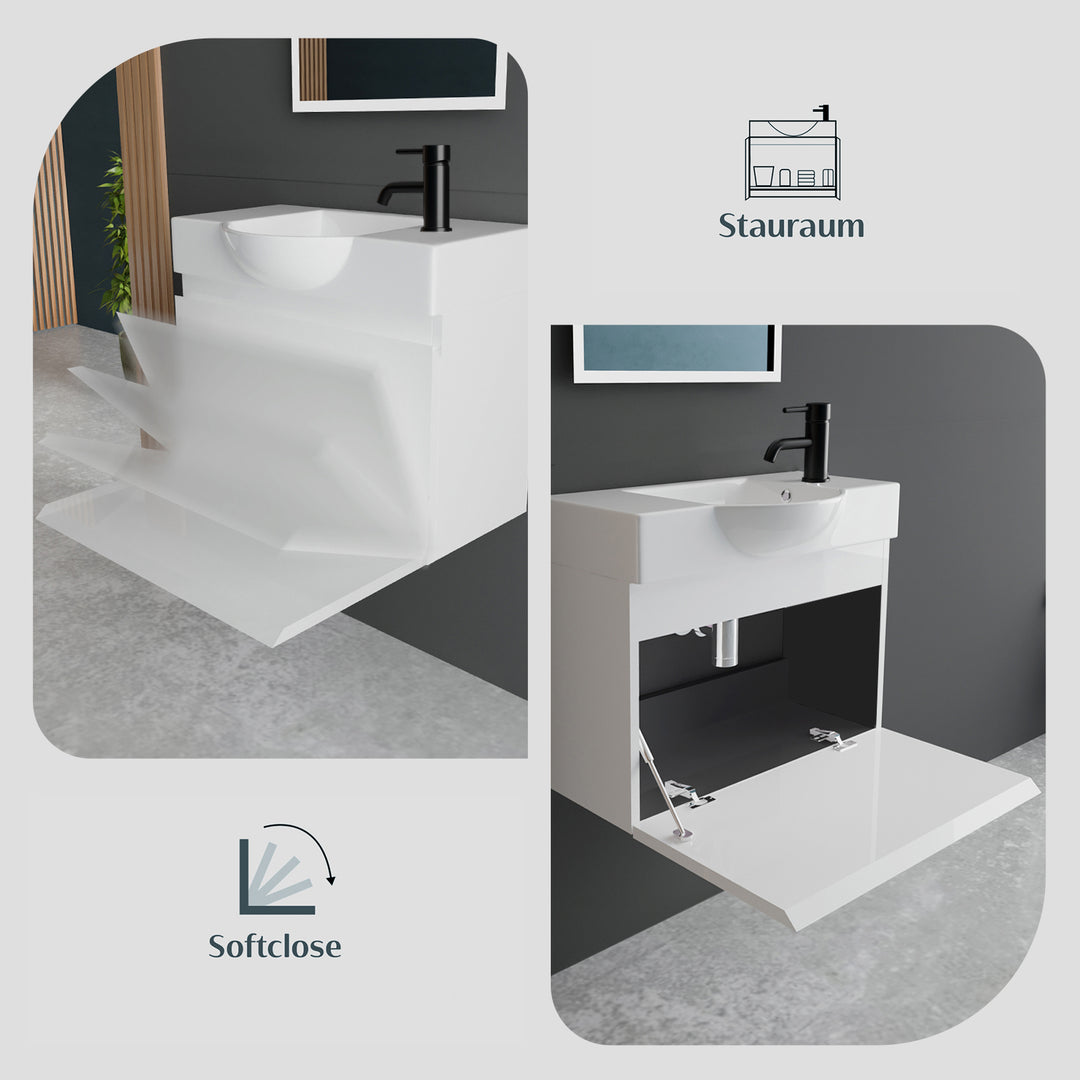 Alpenberger Waschplatz-Set 55 cm – Keramik Waschbecken mit Unterschrank | Lugano-550 + KORA-550 Weiss Glänzend