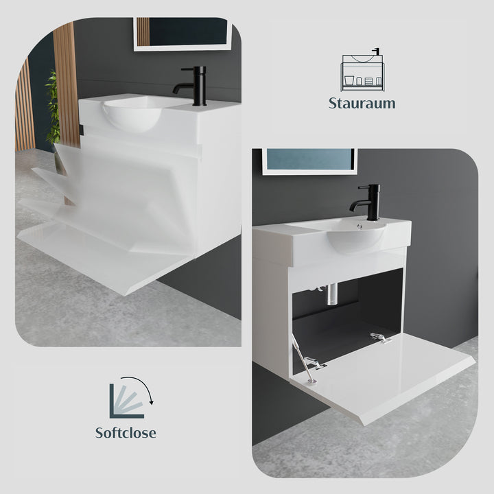 Alpenberger Waschplatz-Set 55 cm – Keramik Waschbecken mit Unterschrank | Lugano-550 + KORA-550 Weiss Glänzend