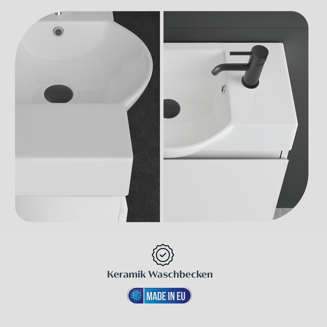 Alpenberger Waschplatz-Set 55 cm – Keramik Waschbecken mit Unterschrank | Lugano-550 + KORA-550 Weiss Glänzend