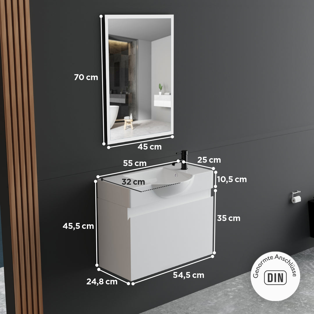 Alpenberger Keramik Waschbecken 55 cm Lugano + Unterschrank KORA 550 mit LED Spiegel – Badmöbel Set Softclose, Modern & Platzsparend
