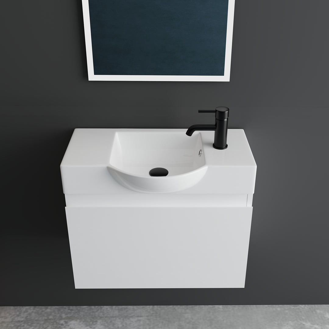 Alpenberger Waschplatz-Set 55 cm – Keramik Waschbecken mit Unterschrank | Lugano-550 + KORA-550 Weiss Glänzend