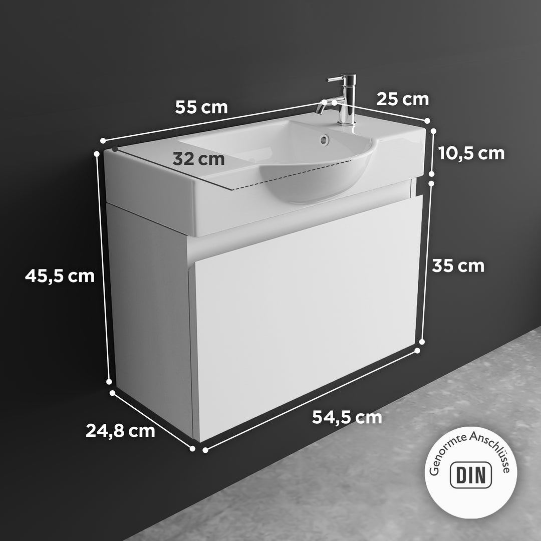 Alpenberger Waschplatz-Set 55 cm – Keramik Waschbecken mit Unterschrank | Lugano-550 + KORA-550 Weiss Glänzend