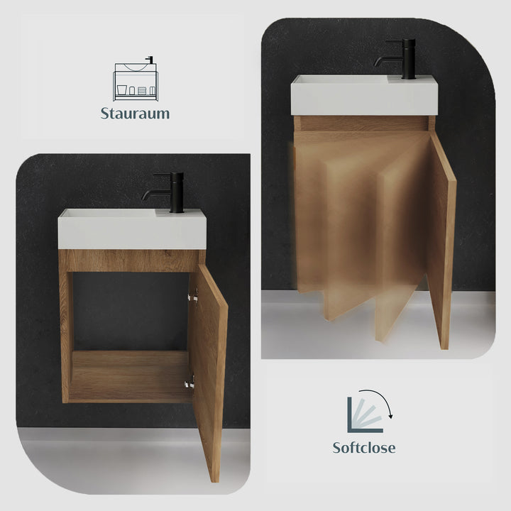 Alpenberger Waschplatz-Set 45 cm | Keramik Waschbecken Kora Links mit Unterschrank Lugano Links Bamboo