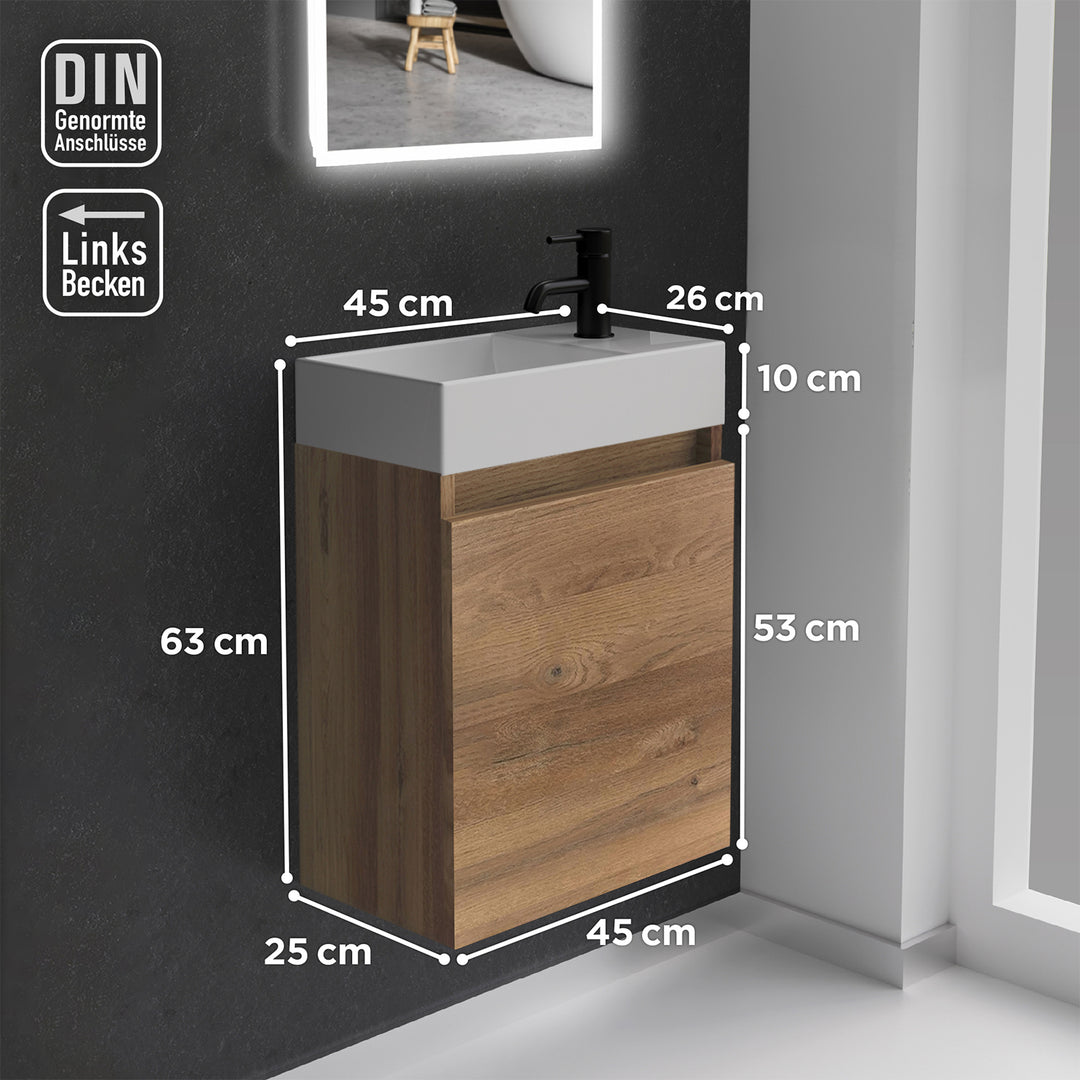Alpenberger Waschplatz-Set 45 cm | Keramik Waschbecken Kora Links mit Unterschrank Lugano Links Bamboo