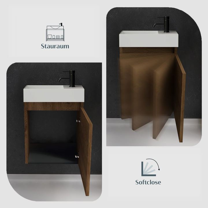 Alpenberger Waschplatz-Set 45 cm | Keramik Waschbecken Kora Links mit Unterschrank Lugano Links Eiche