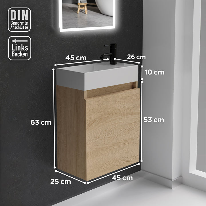 Alpenberger Waschplatz-Set 45 cm | Keramik Waschbecken Kora Links mit Unterschrank Lugano Links Eiche Hell