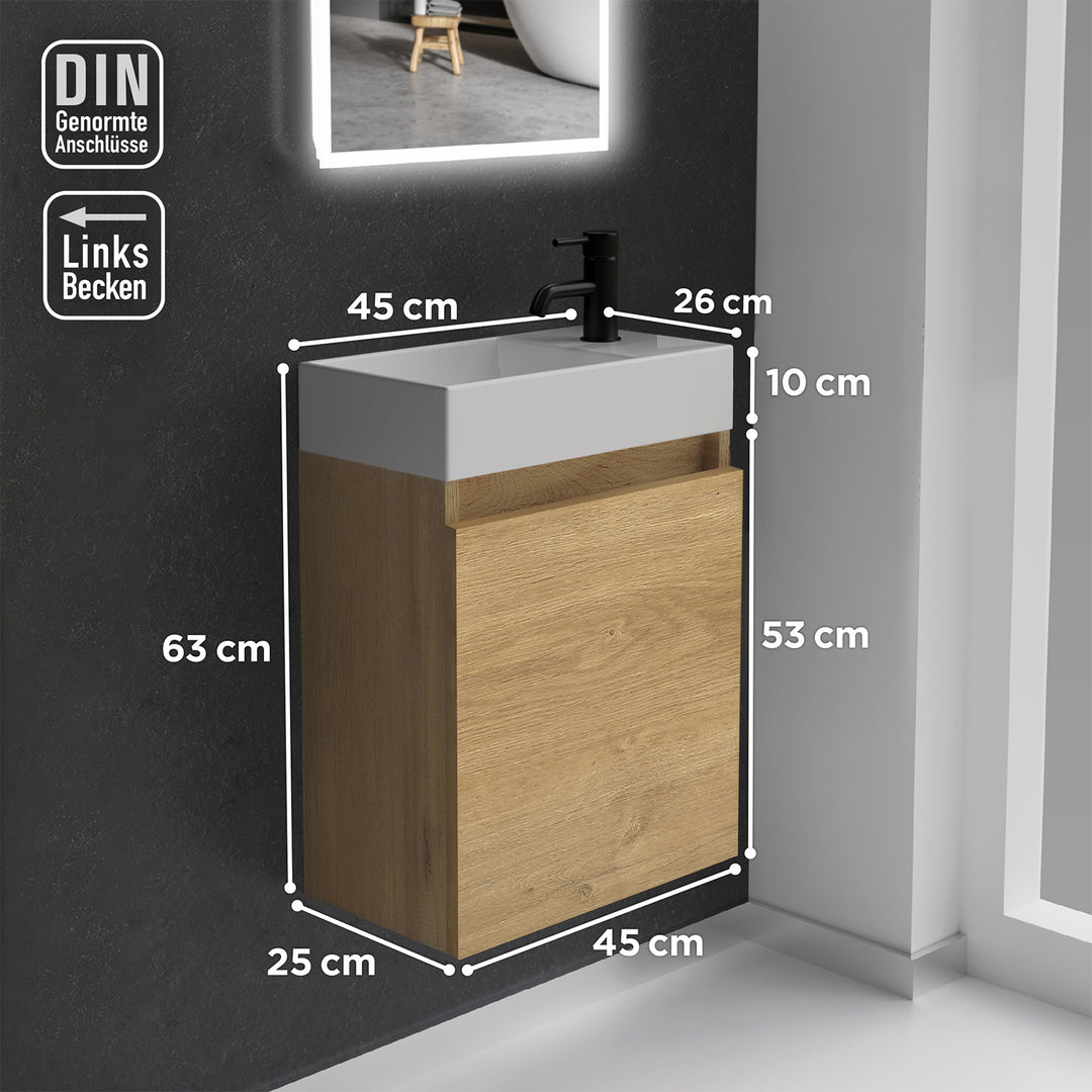 Alpenberger Waschplatz-Set 45 cm | Keramik Waschbecken Kora Links mit Unterschrank Lugano Links Eiche Natur