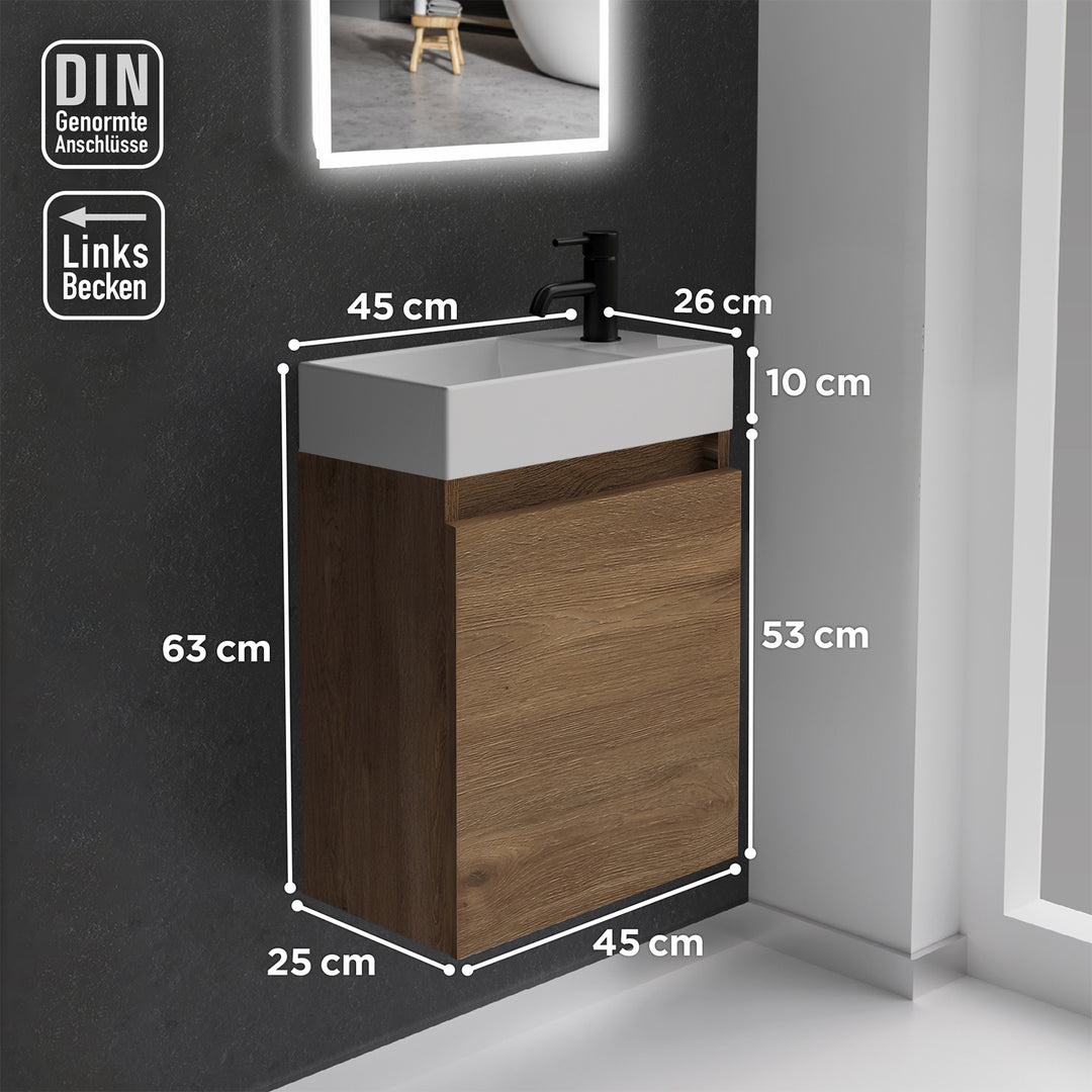 Alpenberger Waschplatz-Set 45 cm | Keramik Waschbecken Kora Links mit Unterschrank Lugano Links Eiche