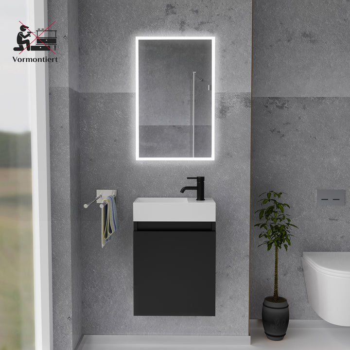 Alpenberger Waschplatz-Set 45 cm | Keramik Waschbecken Kora Links mit Unterschrank Lugano Links Schwarz Matt