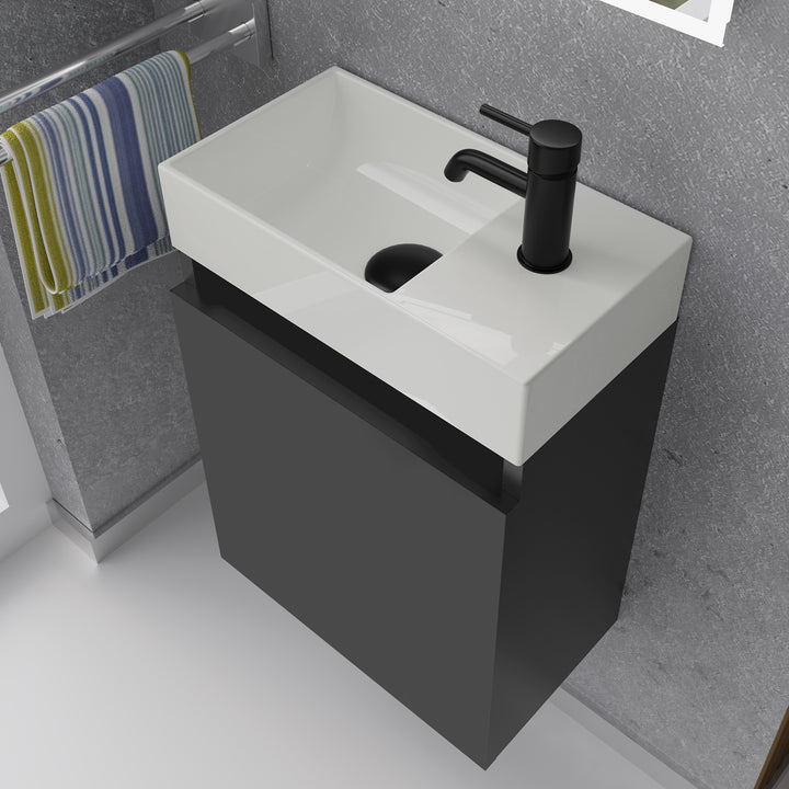 Alpenberger Waschplatz-Set 45 cm | Keramik Waschbecken Kora Links mit Unterschrank Lugano Links Schwarz Matt