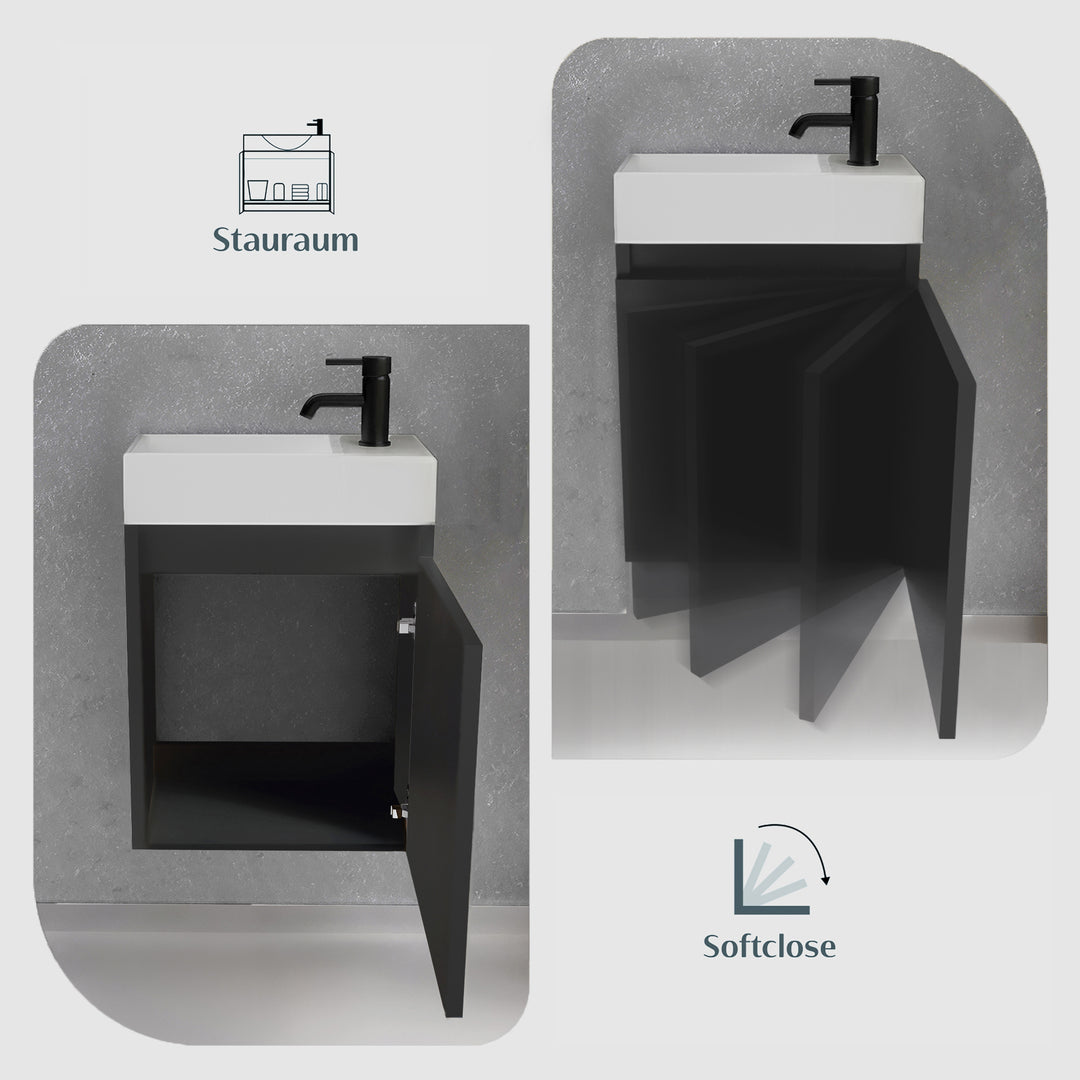 Alpenberger Waschplatz-Set 45 cm | Keramik Waschbecken Kora Links mit Unterschrank Lugano Links Schwarz Matt