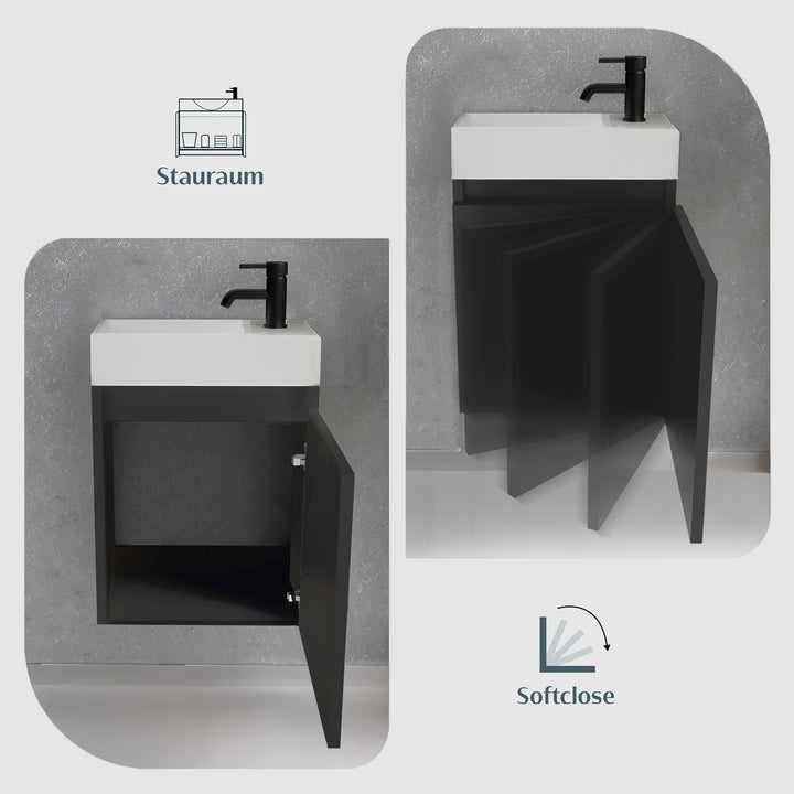 Alpenberger Waschplatz-Set 45 cm | Keramik Waschbecken Kora Links mit Unterschrank Lugano Links Schwarz Matt