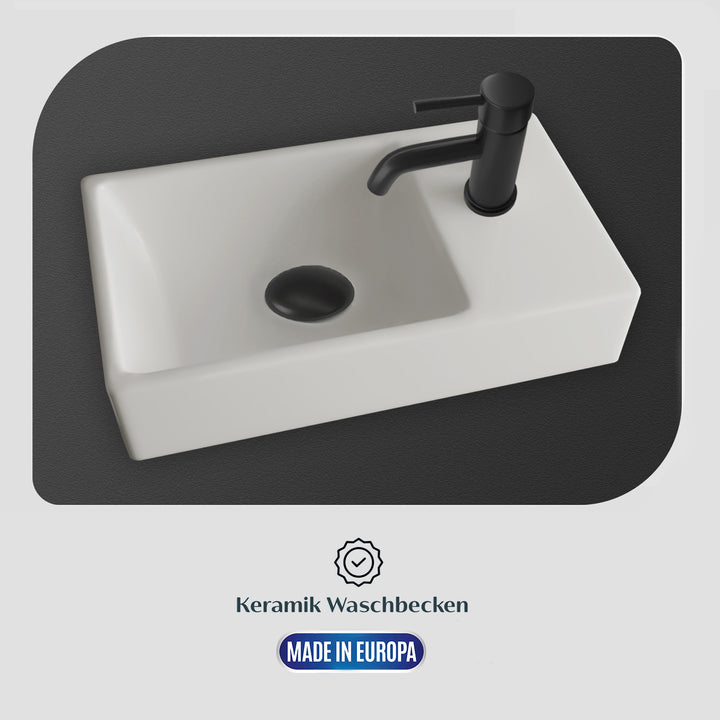 Alpenberger Waschplatz-Set 45 cm | Keramik Waschbecken Kora Links mit Unterschrank Lugano Links Schwarz Matt