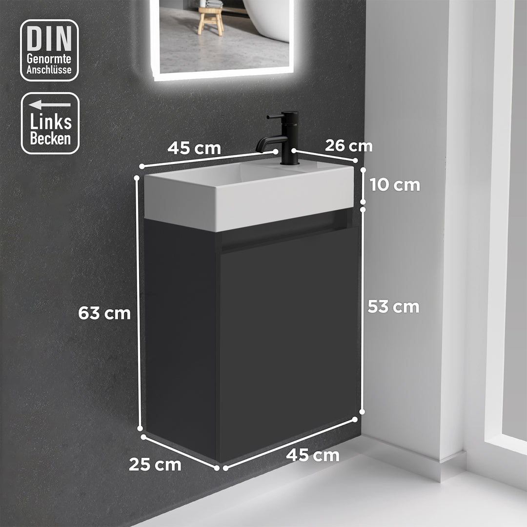 Alpenberger Waschplatz-Set 45 cm | Keramik Waschbecken Kora Links mit Unterschrank Lugano Links Schwarz Matt