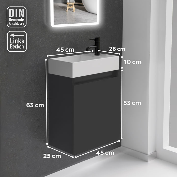 Alpenberger Waschplatz-Set 45 cm | Keramik Waschbecken Kora Links mit Unterschrank Lugano Links Schwarz Matt