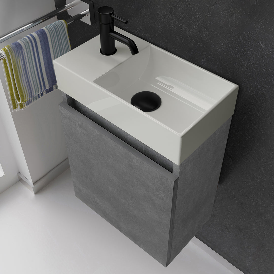 Alpenberger Waschplatz-Set 45 cm | Keramik Waschbecken Kora Rechts mit Unterschrank Lugano Rechts Cement