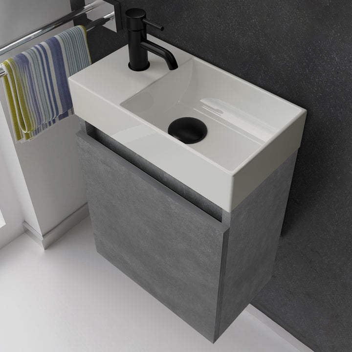 Alpenberger Waschplatz-Set 45 cm | Keramik Waschbecken Kora Rechts mit Unterschrank Lugano Rechts Cement