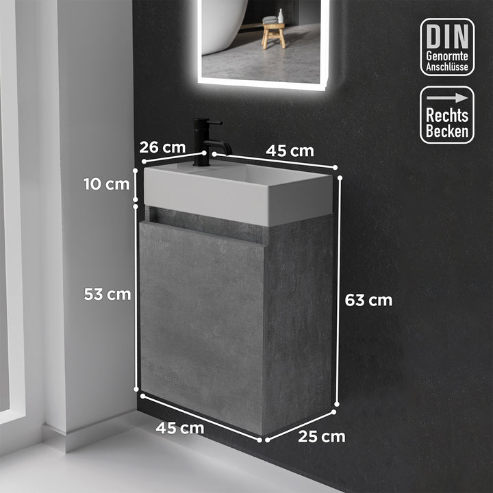 Alpenberger Waschplatz-Set 45 cm | Keramik Waschbecken Kora Rechts mit Unterschrank Lugano Rechts Cement