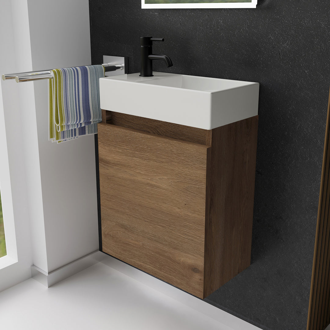 Alpenberger Waschplatz-Set 45 cm | Keramik Waschbecken Kora Rechts mit Unterschrank Lugano Rechts Eiche