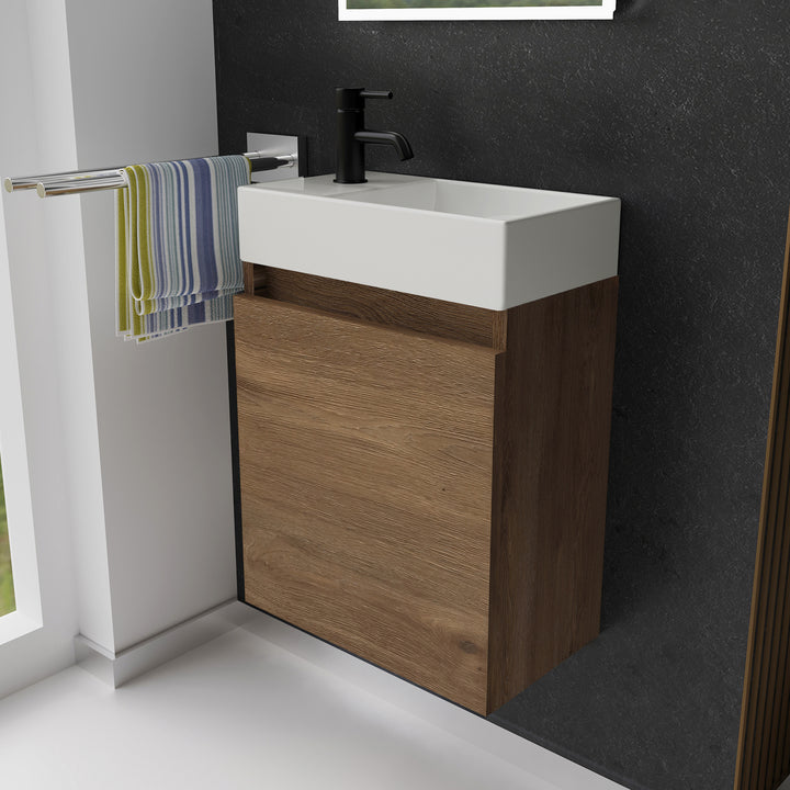 Alpenberger Waschplatz-Set 45 cm | Keramik Waschbecken Kora Rechts mit Unterschrank Lugano Rechts Eiche