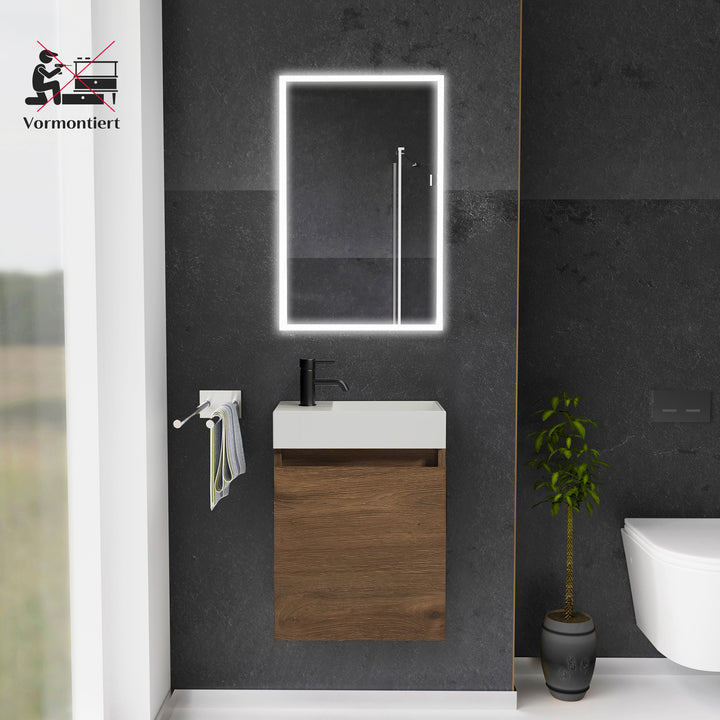 Alpenberger Waschplatz-Set 45 cm | Keramik Waschbecken Kora Rechts mit Unterschrank Lugano Rechts Eiche