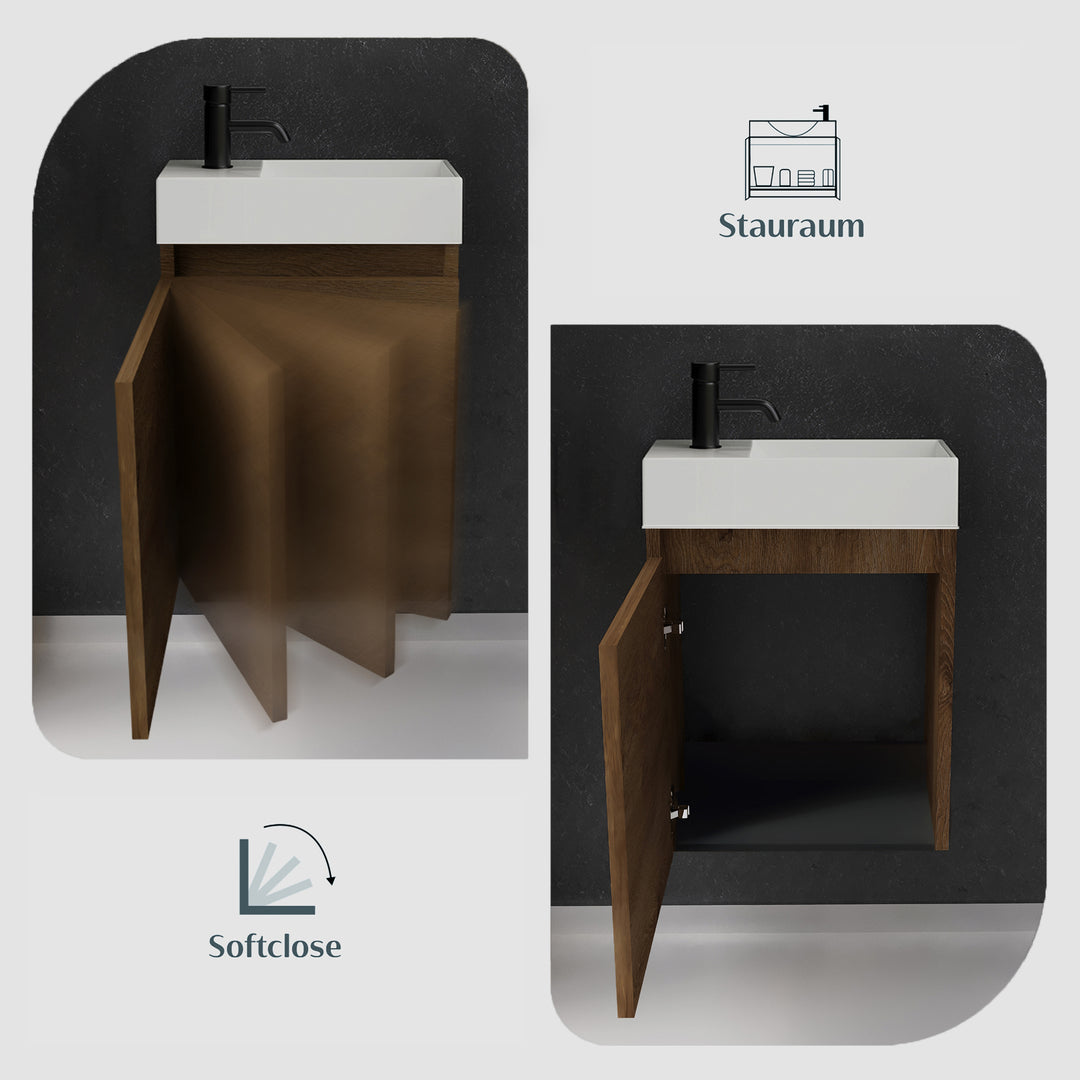 Alpenberger Waschplatz-Set 45 cm | Keramik Waschbecken Kora Rechts mit Unterschrank Lugano Rechts Eiche