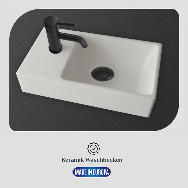 Alpenberger Waschplatz-Set 45 cm | Keramik Waschbecken Kora Rechts mit Unterschrank Lugano Rechts Eiche