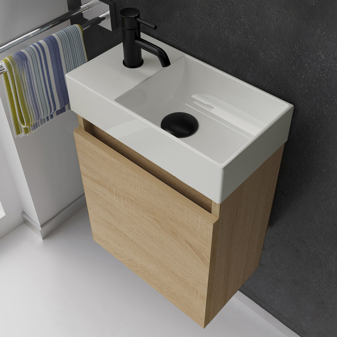Alpenberger Waschplatz-Set 45 cm | Keramik Waschbecken Kora Rechts mit Unterschrank Lugano Rechts Eiche Hell